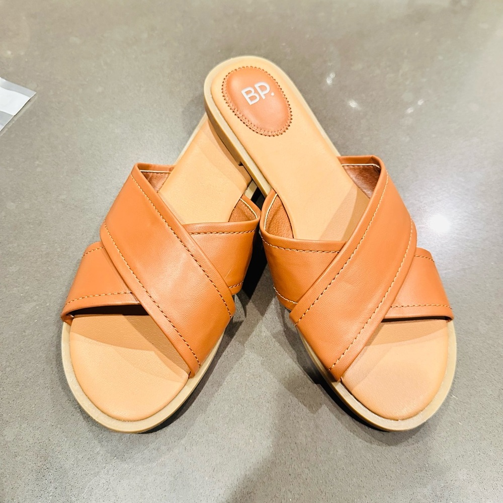 BP. Brown Cognac Crisscross Slide Sandals | Faux Leather Flat Summer Sandals